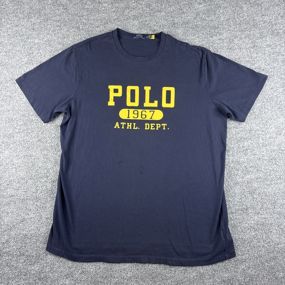 Polo Ralph Lauren Shirt Mens XLT Navy Blue Short Sleeve Athl. Dept. Logo Graphic
